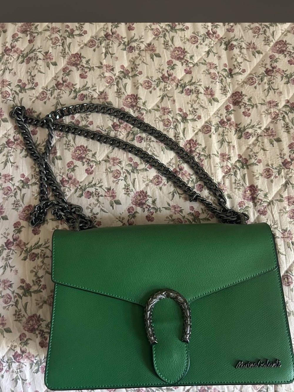 Emerald Green Leather Shoulder Bag with Gunmetal Chain